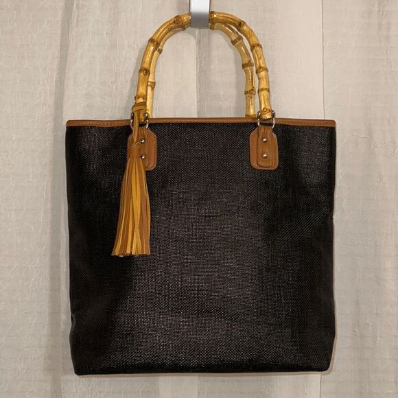 Black Tan Paper Straw Tote with Bamboo Handles and Faux Leather Trim Tassel - Picture 1 of 10